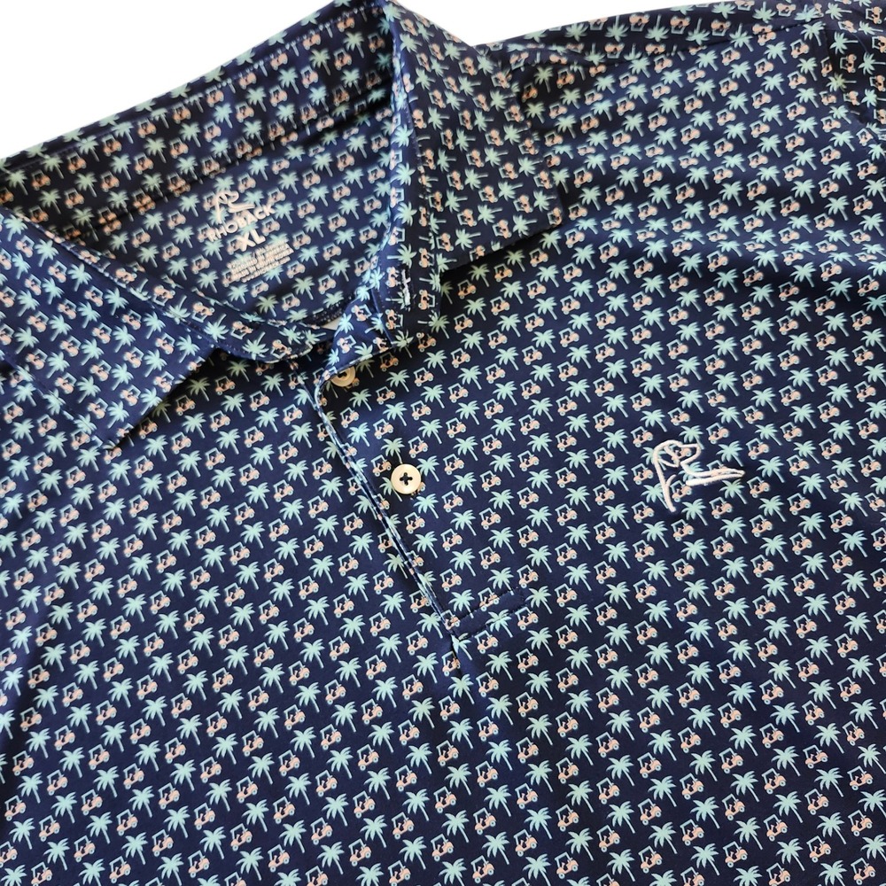 Rhoback Performance Polo Shirt Navy Blue Palm Tree Golf Cart Print Men's XL